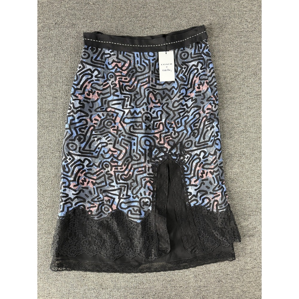 Coach x Keith Haring Skirt Womens 0 Blue Graphic Lace Midi Lined‎ Art Print